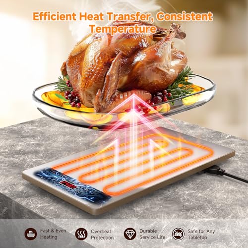 FEPPO 4-in-1 Food Warmers for Parties Buffet - White & Gold Electric Warming Tray with 10 Temp Settings & Timer, 33x15 Inch Glass Surface