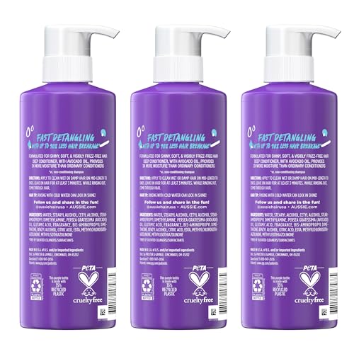 Aussie 3 Minute Miracle Moist Deep Conditioner for Dry Hair, Avocado & Jojoba Oil, Safe for Color Treated Hair, Nourishing Hydration, Silky Shine, Paraben-Free, 16 Fl Oz Each, Triple Pack