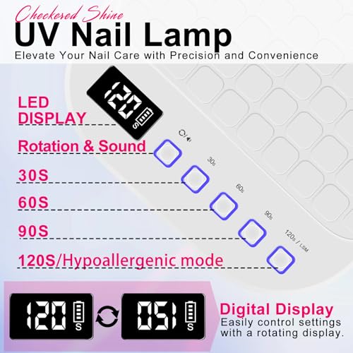 MEKK Cordless UV LED Nail Lamp,54W UV Light for Gel Nails with Hand-Friendly Red Light,Auto Sensor Professional Flash Cure Lamp with Rotatable LCD Display for Salon and Home,Checkered Design-White