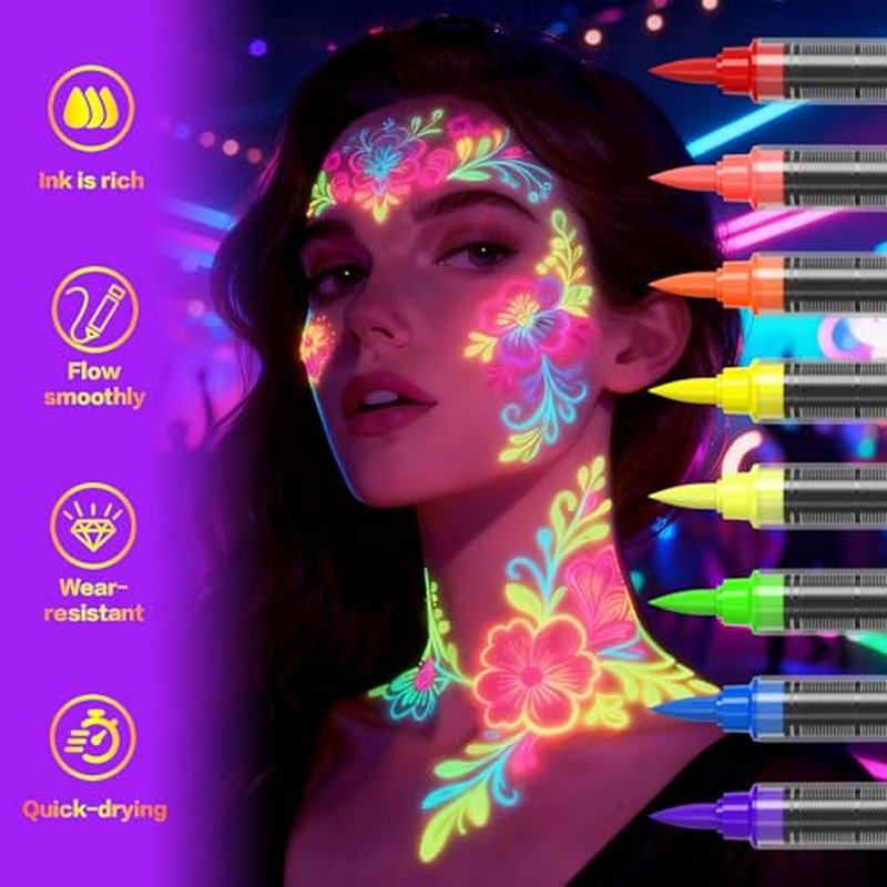 16-color luminous body painting, UV neon face painting pen, luminous face painting kit, washable skin tattoo pen, Halloween party makeup (16 colors)