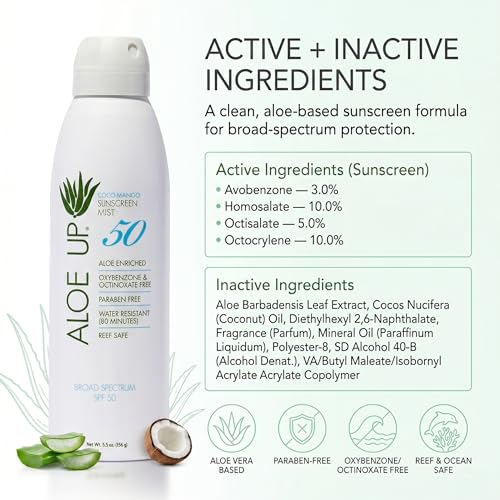 Aloe Up White Collection Sunscreen Spray SPF 50 - Water-Resistant, Hydrating, 5.5 oz Pack of 2 (Spa Collection Variation)