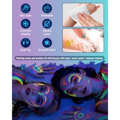 Temporary Tattoo Markers for Skin, 20 Pcs Dual-Tip UV & Matte & Glitter Tattoo Pens, Skin-Safe Body Markers with Tattoo Stencils & Stickers, Washable Glow in the Dark Markers for Kids Teens