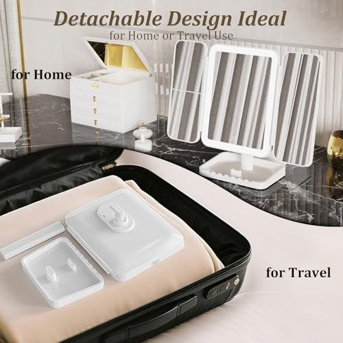 Makeup Mirror Vanity Mirror with Lights, 3 Color Lighting Modes, 1X/2X/3X Magnification, Tri-fold, 360¡Æ Rotation, Phone Holder for Makeup, 2000mAh Rechargeable, Bedroom, Bathroom, (White)