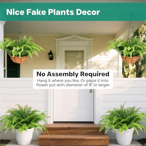 Green 2 Pack Fake Hanging Ferns with Baskets - UV Resistant Outdoor Plants, No Assembly, Realistic Decor for Porch & Garden