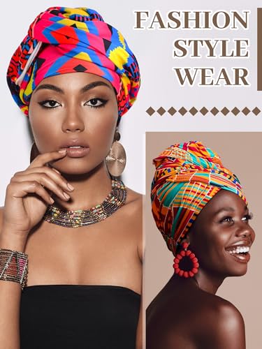 African Head Wraps for Women - 4 Pcs Lightweight Turban Scarves - Black & Printed Styles