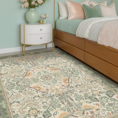 5' x 8' Sage Green Vintage Area Rug with Botanical Bird Pattern, Washable & Non-Slip