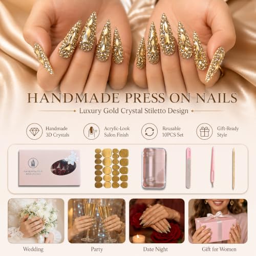 AKA Unicorn Long Stiletto Rhinestone Press On Nails - Handmade Fake Nails Set