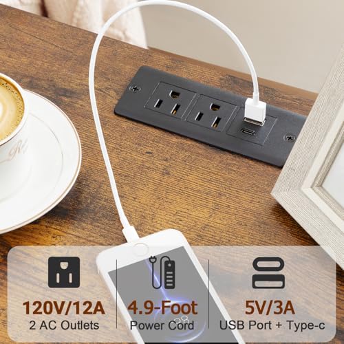 Set of 2 LED Nightstands with Charging Station - Rustic Brown / Power & RGB Lights