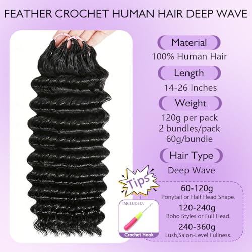 Deep Wave Crochet Hair 120g 16 Inch Knotless Pre-Separated Natural Black - 1B-DW