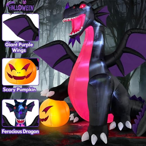 Purple 9FT Halloween Inflatable Dragon with Pumpkin LED Light - Outdoor Yard Decoration