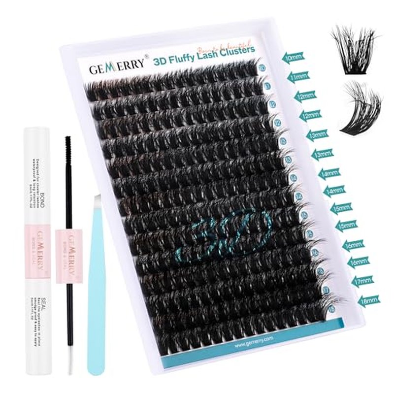 GEMERRY Lash Extension Kit Lash Clusters Kit 3D Effect DIY Lash Extension Kit with 280Pcs Fluffy Eyelash Clusters, Lash Bond and Seal and Tweezers DIY Lashes at Home(3D-100P-10-18mm)