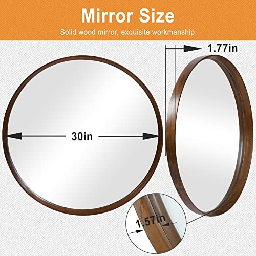 Brown 30 Inch Wall-Mounted Wooden Circle Mirror - Decorative Round Mirror for Living Room & Bathroom