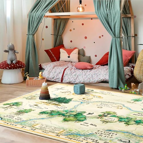 Estmy 6'x9' Green Nursery Rug - Washable Woodland Kids Play Mat for Bedroom & Playroom