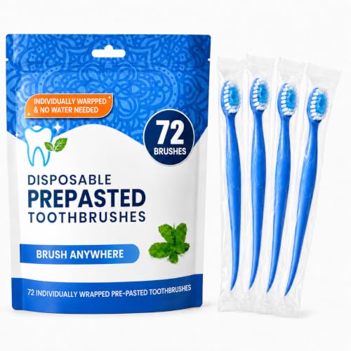 72 Pack Disposable Mini Travel Toothbrush with Softex Bristles & Toothpick - Individually Wrapped, Fluoride-Free, No Rinsing Needed