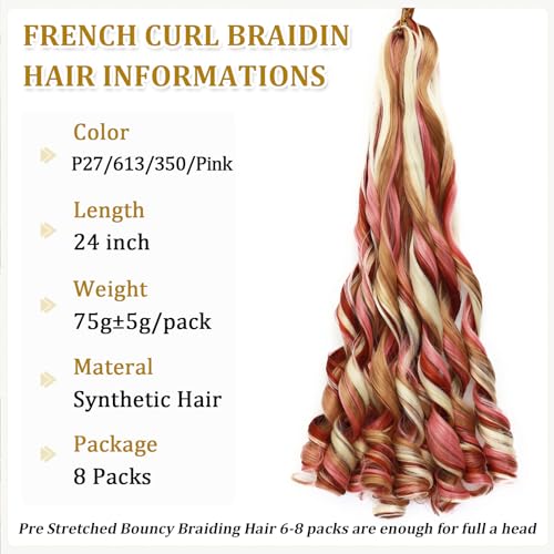 French Curl Braiding Hair 24 Inch 8 Pack P27/613/350/Pink Synthetic Hair