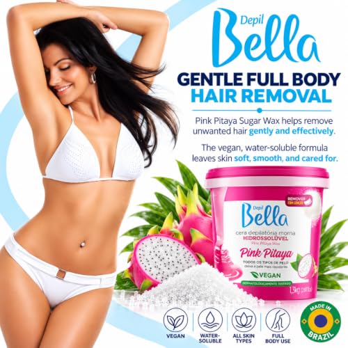 Depil Bella Brazilian Pink Pitaya Sugar Wax Paste 2.87 lb (45.92 oz) – Stripless Hard Wax for Brows, Bikini & Body