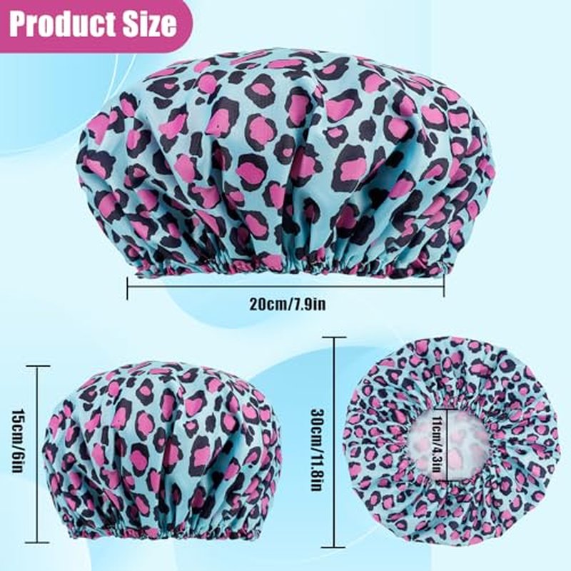 4 PCS Shower Caps for Women,Reusable Waterproof Shower Cap,Double Layers Bath Caps,Large Shower Cap with EVA Lining,Elastic Bathing Hair Cap for All Hair Lengths(Leopard 2)