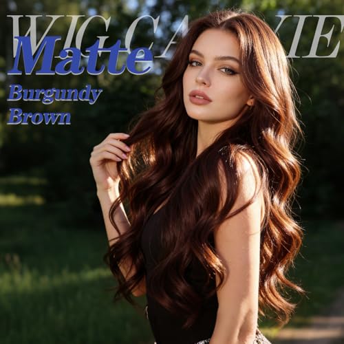WIGENIUS 24 Inch Curly Synthetic Lace Front Wig - Matte Burgundy Brown Wavy Middle Part with Baby Hair, Breathable Heat-Resistant Hair, T433/327HD