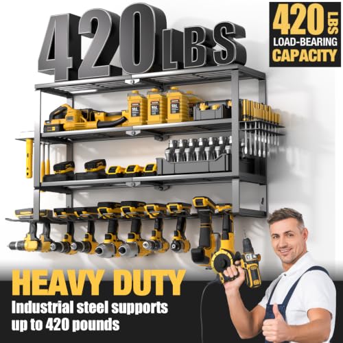 Heavy Duty Power Tool Wall Organizer Rack for 10 Cordless Drills - Extra Tall 4 Layer Storage Shelf