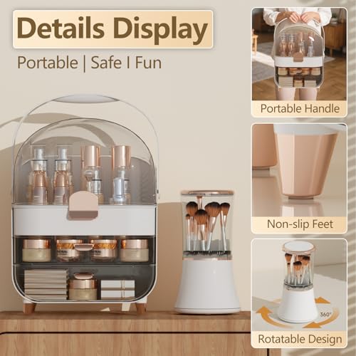 Makeup Organizer Countertop & Makeup Brush Holder with Lid 360 Rotating Clear Dustproof Skincare Holder for Vanity Bathroom Countertop, Ideal Gifts for Women, Transparent, Rose Gold