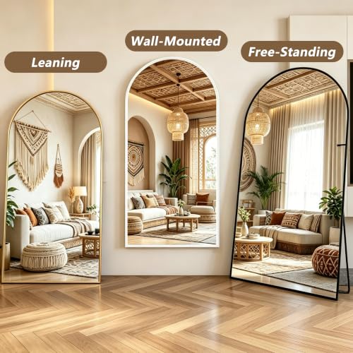 MyVoice 25x65 Inch Gold Arched Freestanding Full Length Mirror with Metal Frame - White Finish