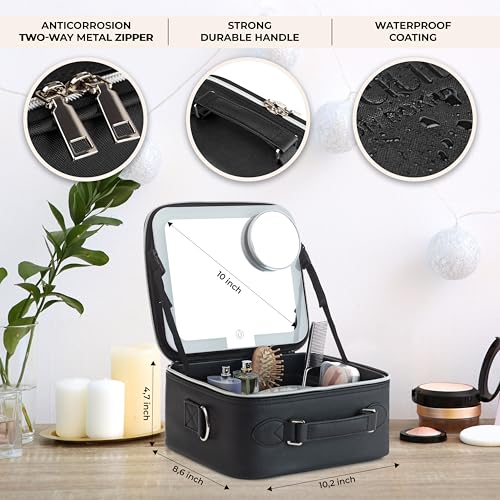 LED Mirror Makeup Bag with PU Leather Travel Organizer - Adjustable Brightness, Dividers & Handle