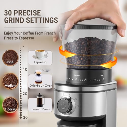 Electric Coffee Grinder with 30 Settings - Shiny Silver & Black, Adjustable Burr Mill for Home Use