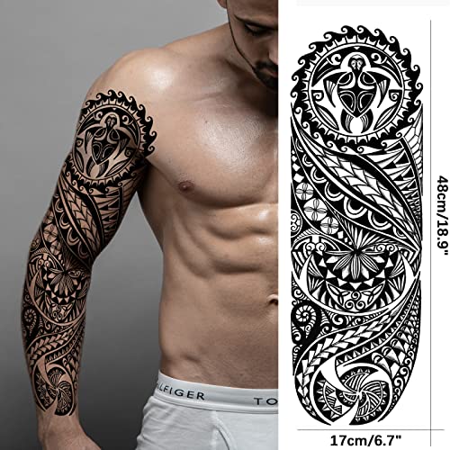 Tribal Totem Temporary Tattoo Sleeve for Men Women, 4-Sheet Full Arm Large Hawaiian Tribal Viking Fake Sleeve Tattoo Adult and 4-Sheet Black Polynesian Turtle Half Temp Tatoo Sticker Thigh Leg Body