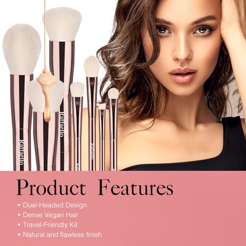 Dual-Ended Makeup Brush Set with Recycled Materials & Travel Pouch - Professional Face & Eye Tools