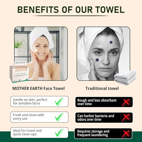 MOTHER EARTH Bamboo Face Towels XL - Hypoallergenic and Disposable Face Wipes | Dry Makeup Removers | Made from Bamboo Viscose | Extra Soft for Sensitive Skin (50 Towels)