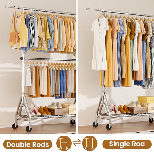 Heavy Duty Clothes Rack with Double Rods & Lockable Wheels - Silver, 560lbs Capacity
