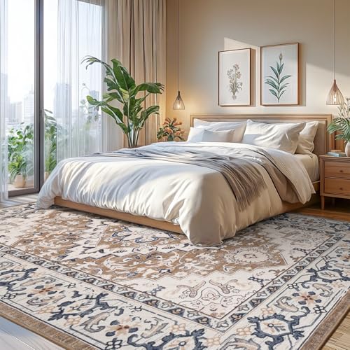 8x10 Area Rug for Living Room & Bedroom - Soft Boho Floral Carpet, Non-Slip Brown
