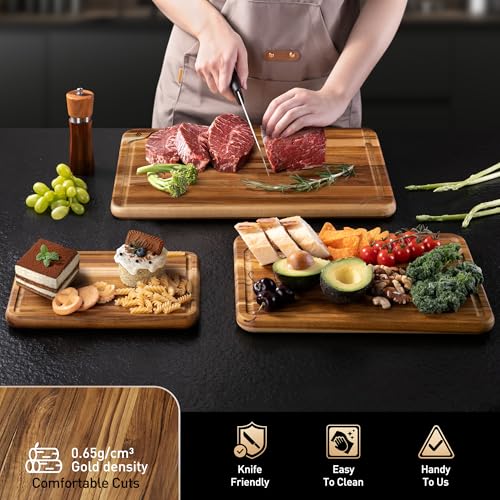 Teak Wood Cutting Boards Set - Multi-Size 3 Pack with Non-Slip Base