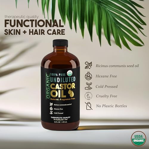 Organic Castor Oil for Skin & Hair - 16 oz Cold Pressed, USDA Certified, Hexane-Free, Unrefined