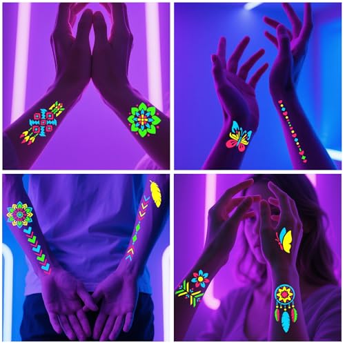 Glow in the Dark Temporary Tattoo Markers for Face Paint, 4PCS UV Neon Body Markers + 8 Sheets Temporary Tattoo Stencil for Adult, Flexible Brush Tip, Cosmetic Tattoo Pen, DIY Body Art Set