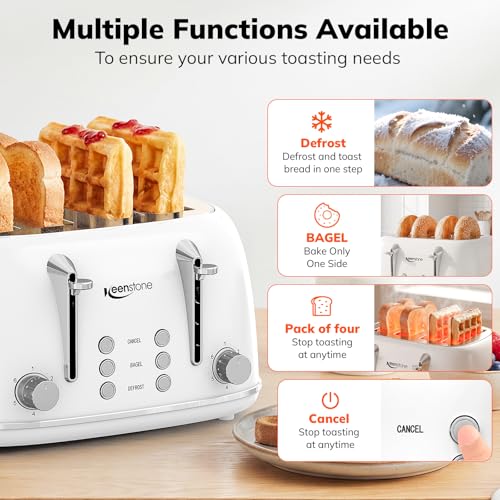 Keenstone 4-Slice Retro Stainless Steel Toaster White - Dual Controls & Wide Slots