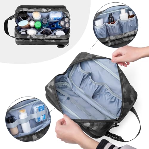 Toiletry Travel Bag for Men Tactical Hygiene Bag, Shaving Kit Toiletries Organizer Dopp Kit with Large Capacity, Black Camo(Empty Bag Only)