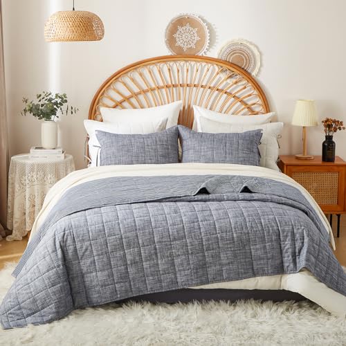 Denim Blue Navy Twin Quilt Set with Shams - 2 Piece Cotton Bedding, Reversible