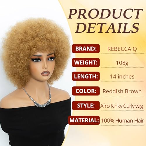 Short Afro Human Hair Wig for Black Women - Honey Blonde 70s Style Curly Wig with Bangs