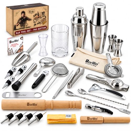 Stainless Steel Cocktail Shaker Set - Pro Edition Bar Tool Kit with Boston Shaker & Muddler - Silver, 32-Piece Home Bar Accessories