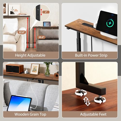 78-Inch Adjustable Height Behind Couch Table with Outlets - Rustic Brown