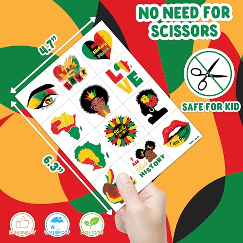 96 PCS Happy Black History Month Pre-Cut Temporary Tattoos for Kids | Super Cute Themed Birthday Party Favors, Supplies, Decorations, African Tattoo Stickers, School Prizes Gifts For Boys Girls