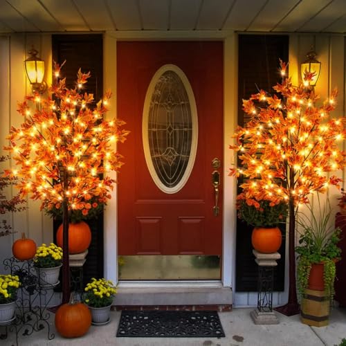 2 Pack 5Ft Fall Maple Tree Light with 90 LEDs and 8 Flash Modes - Indoor Outdoor Thanksgiving Decor