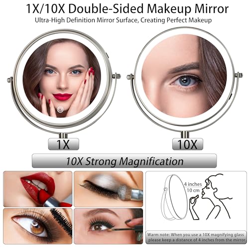 JANEEVA 8" Wall Mounted Lighted Makeup Mirror,Rechargeable Double Sided 1X/10X Magnifying Mirror with 3 Color Lights,Touch Dimmable Bathroom Vanity Mirror with 360¡ÆSwivel Extendable Arm Brushed Nickel