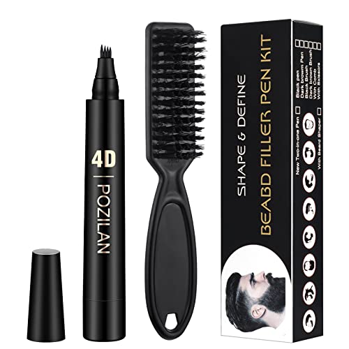 Long-Lasting Water-Resistant Black Men's Beard Grooming Kit - Micro-Fork Tip Pen, Bristle Brush for Natural Looking Mustache, Eyebrows, and Facial Hair Styling