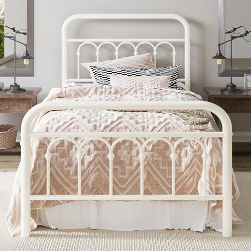 Twin Size Metal Platform Bed Frame with Headboard - Cream, Victorian Style
