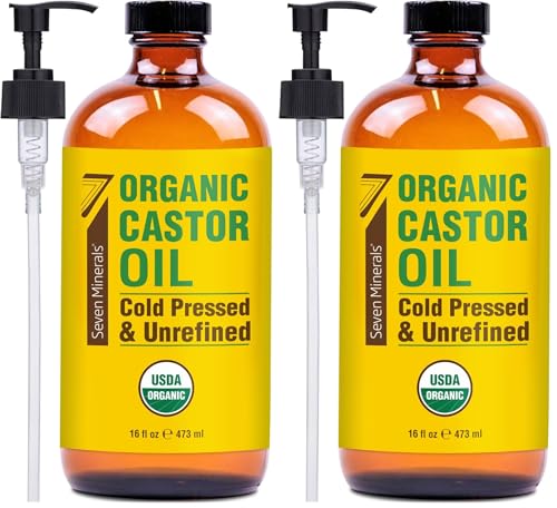 Seven Minerals Organic Castor Oil 16oz Glass Bottle Pack of 2 - Cold Pressed & Hexane Free