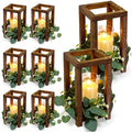 Set of 6 Wooden Lantern Centerpieces with Eucalyptus Wreaths and LED Candles for Wedding & Party Decor - Green Variation
