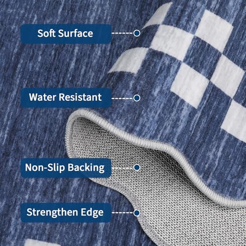 Blue Scalloped Area Rug 6x9 Large Non-Slip Washable Living Room Carpet
