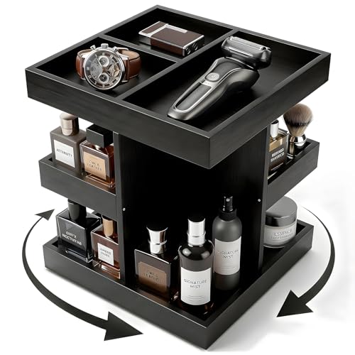 Cologne Organizer for Men - 360¡Æ Rotating Wood Perfume Organizer & Cologne Stand | 9-Compartment Dresser & Bathroom Display for His & Her Skincare | Gift for Husband & Dad (Black)